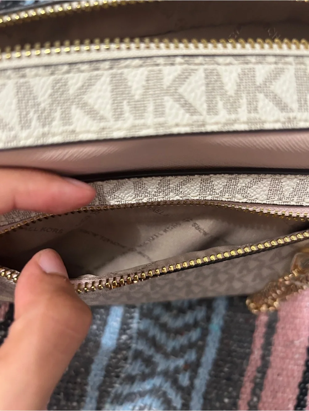 Michael Kors Pink and Vanilla MK Logo Crossbody with Gold Chain